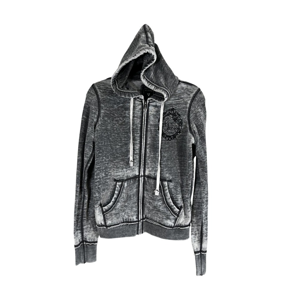 Retro Guess Hood Sweatshirt S Gray Rhinestone‎ Y2K Skater Grunge Punk Neutral